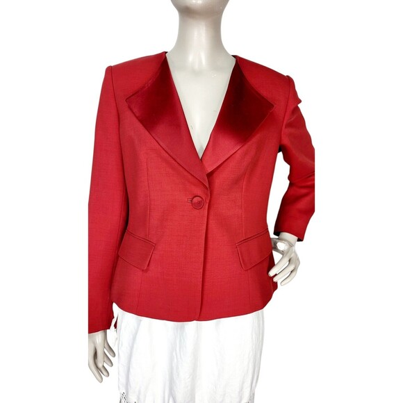 Anne Klein Red Satin Trim Single Button Business Office Suit Blazer Jacket 8P - Picture 1 of 7